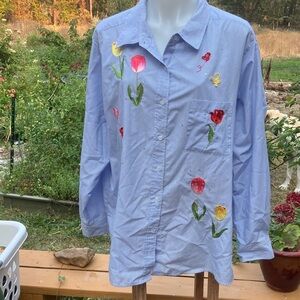 Quacker Factory embroidered flowers and butterflies   Striped Shirt 2X